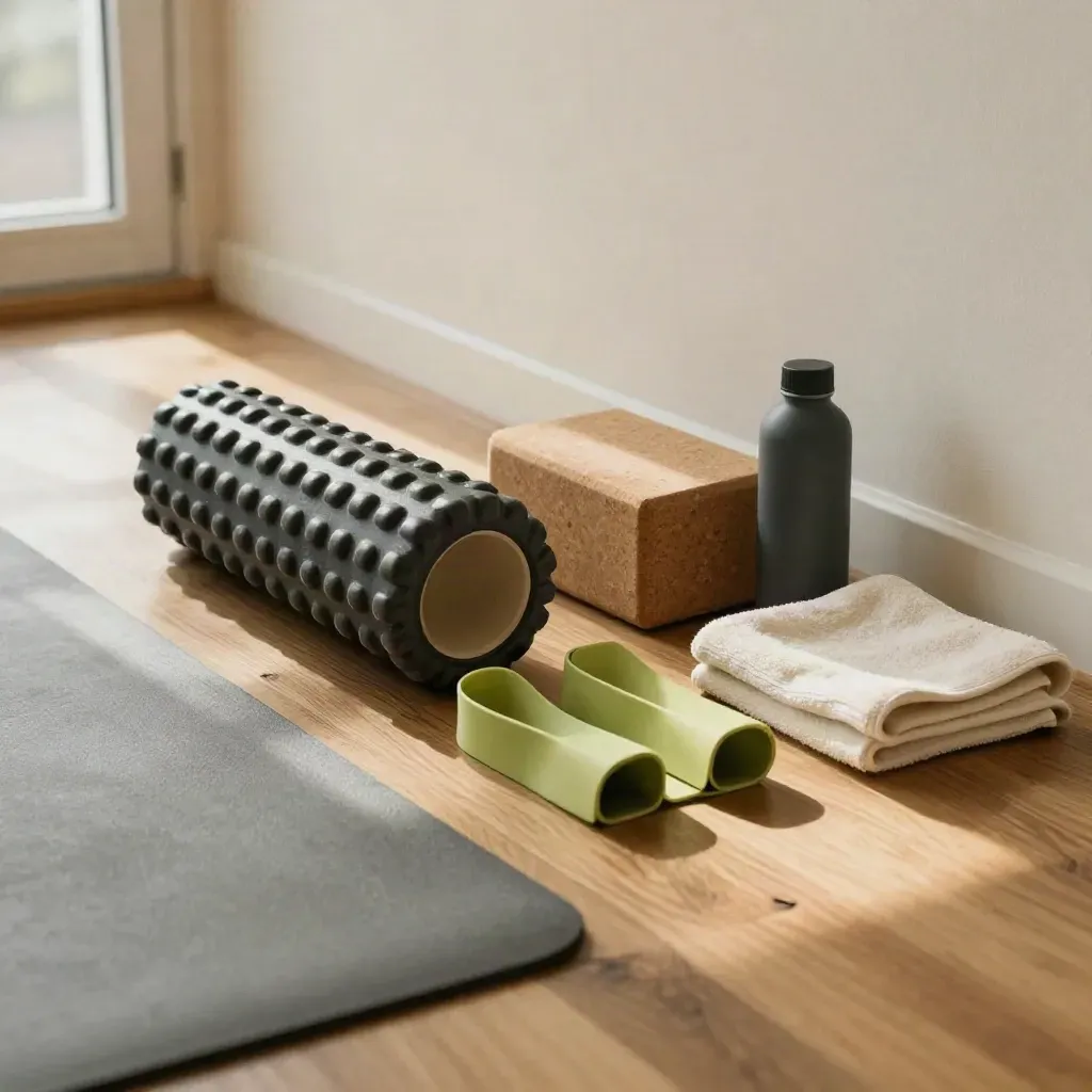 Esquina de movilidad con foam roller, bloque de corcho, minibandas y esterilla en luz cálida.