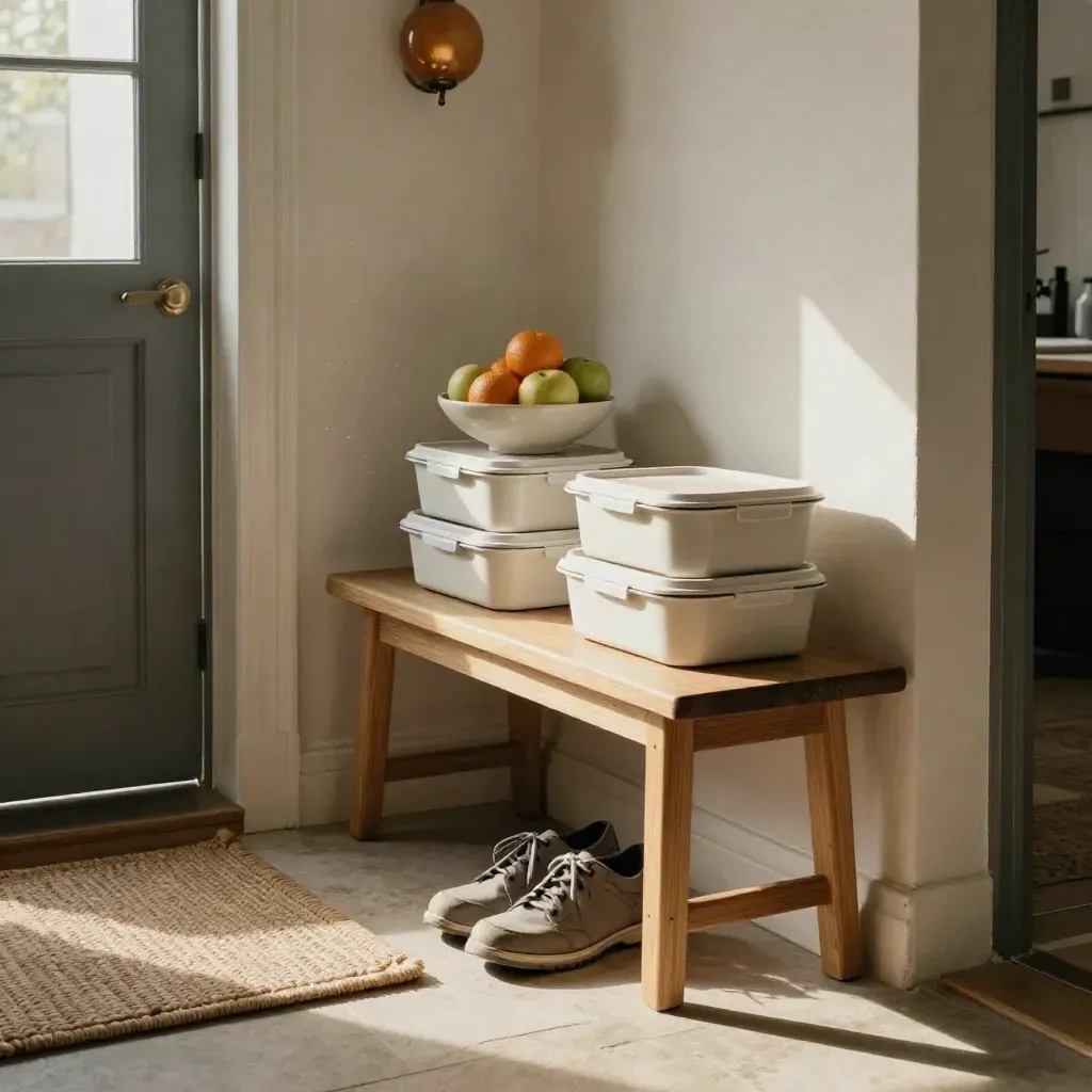Recibidor cálido con cajas de comida, frutero y zapatillas de caminar junto a la puerta abierta.