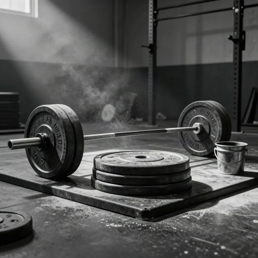 Barra cargada en plataforma de fuerza con discos, collarines y cubo de magnesio en un gimnasio oscuro.
