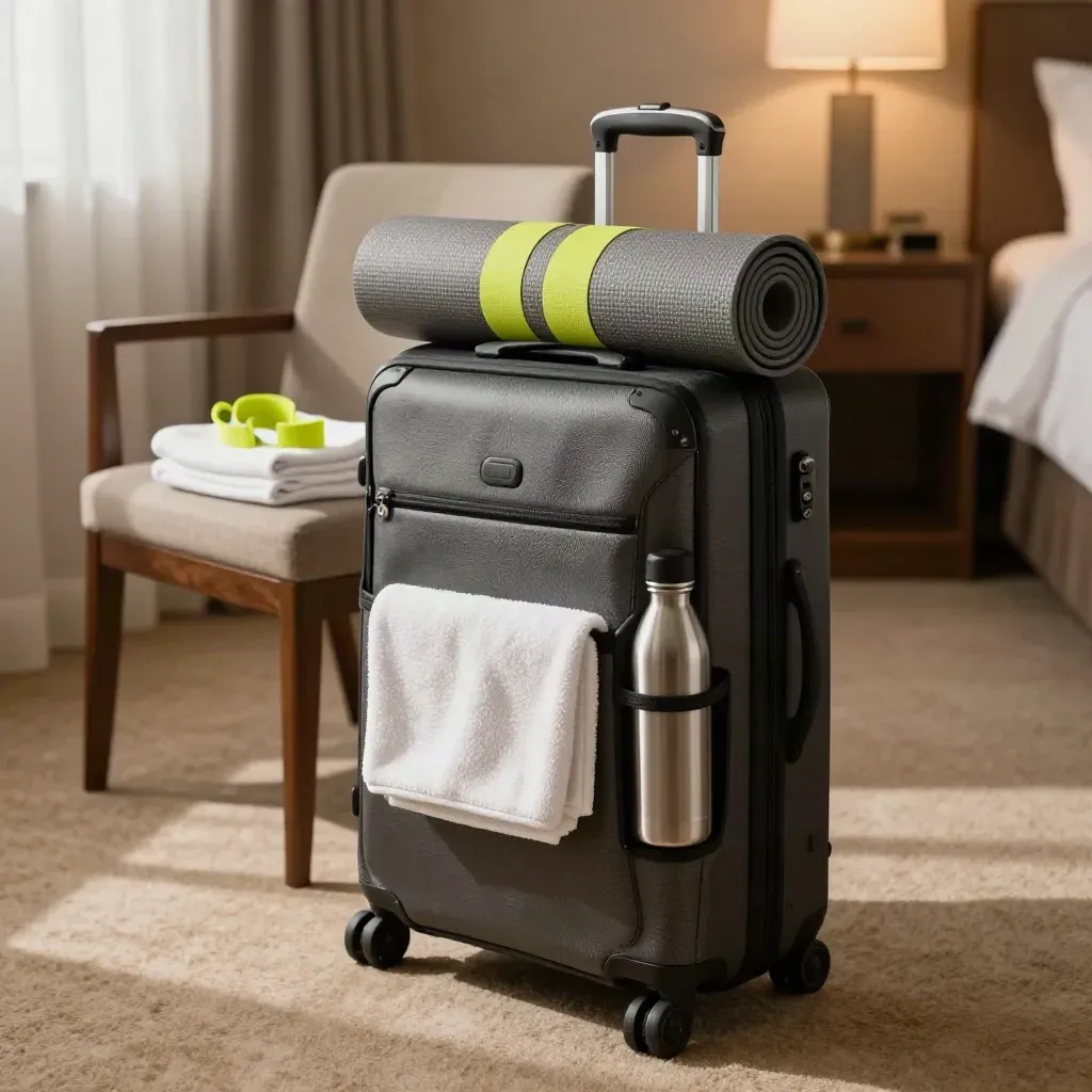 Kit de entrenamiento de viaje junto a una silla de hotel, con maleta, esterilla y minibandas.