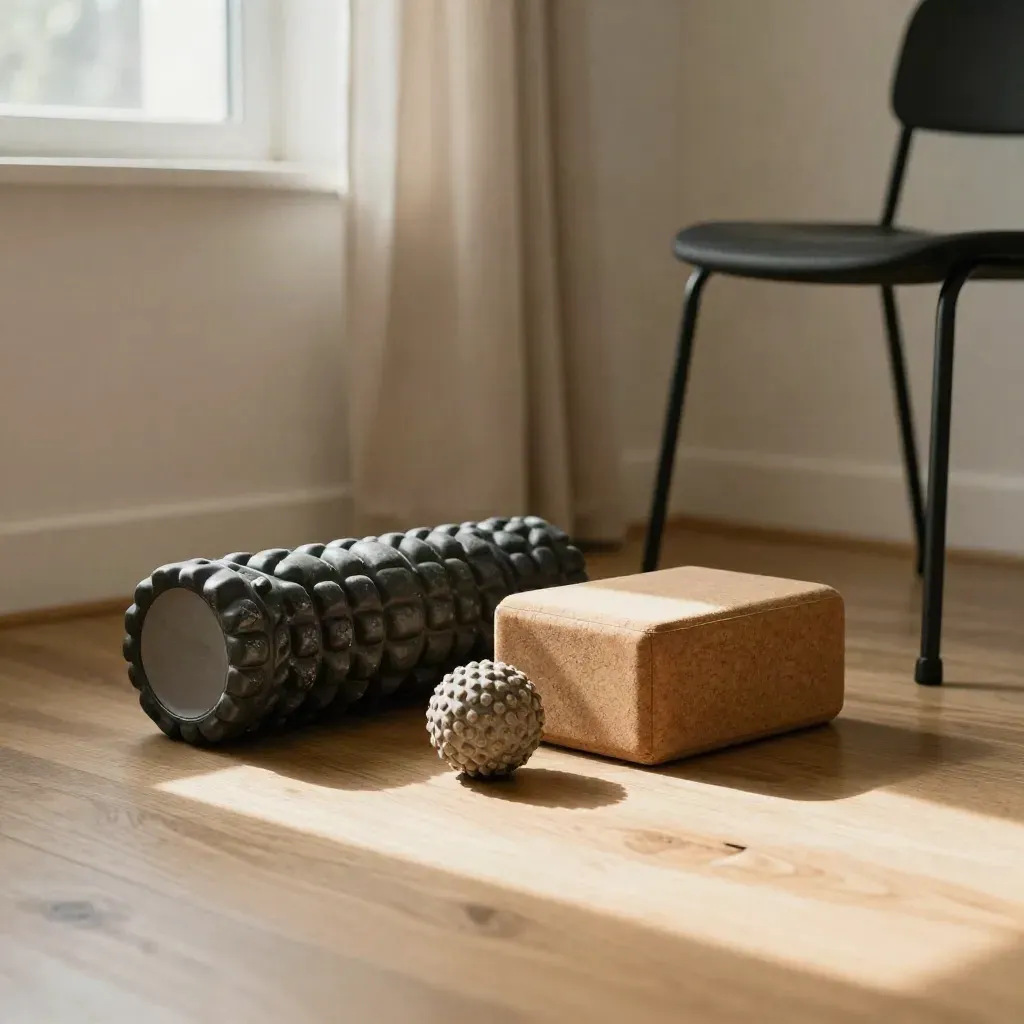 Esquina de movilidad con foam roller, bloque de corcho, pelota y esterilla junto a una silla.