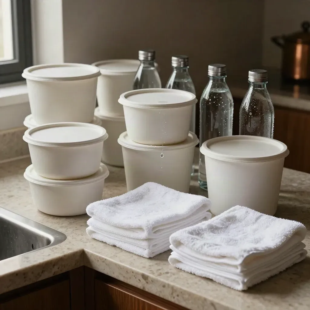 Vista cenital de recipientes, botellas y toallas blancas ordenadas sobre una cocina.