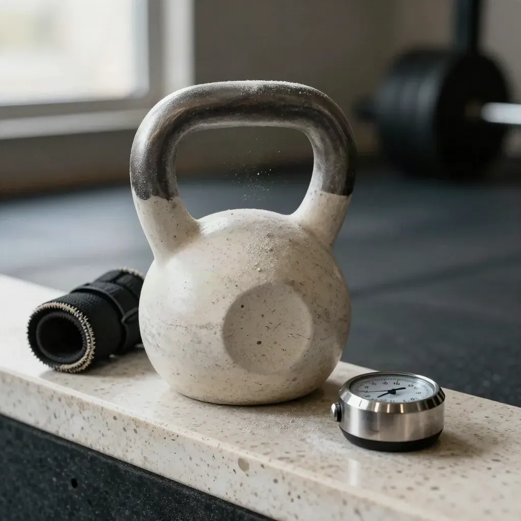 Asa de kettlebell, magnesio, muñequeras y temporizador metálico sobre un saliente de gimnasio.