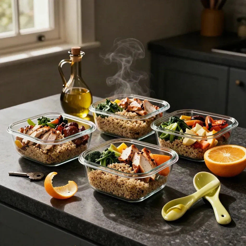 Cuencos de meal prep, aceitera, cítricos y reposacucharas sobre encimera oscura con vapor suave.