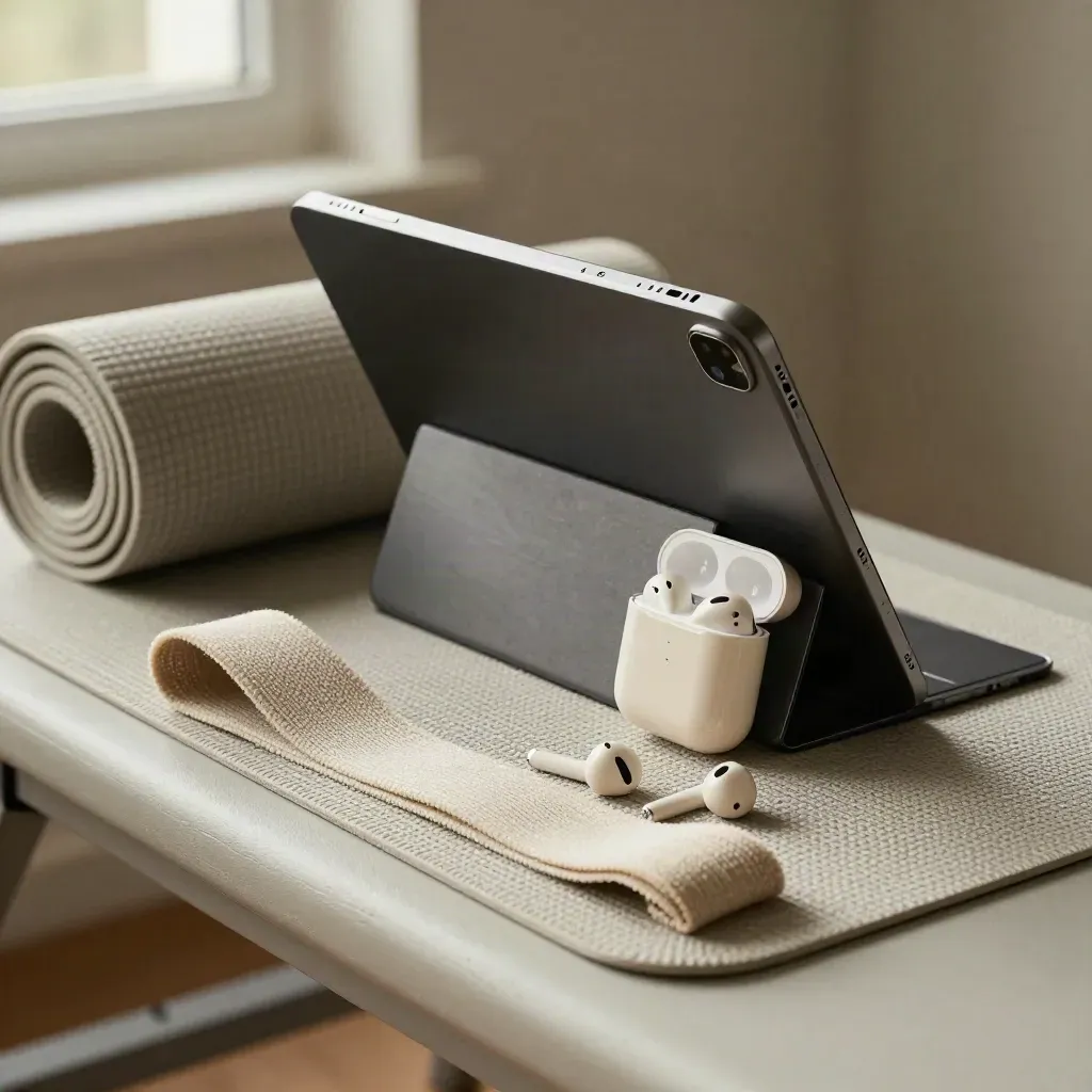 Soporte de tablet, auriculares inalámbricos, esterilla enrollada y banda elástica sobre banco de entrenamiento.