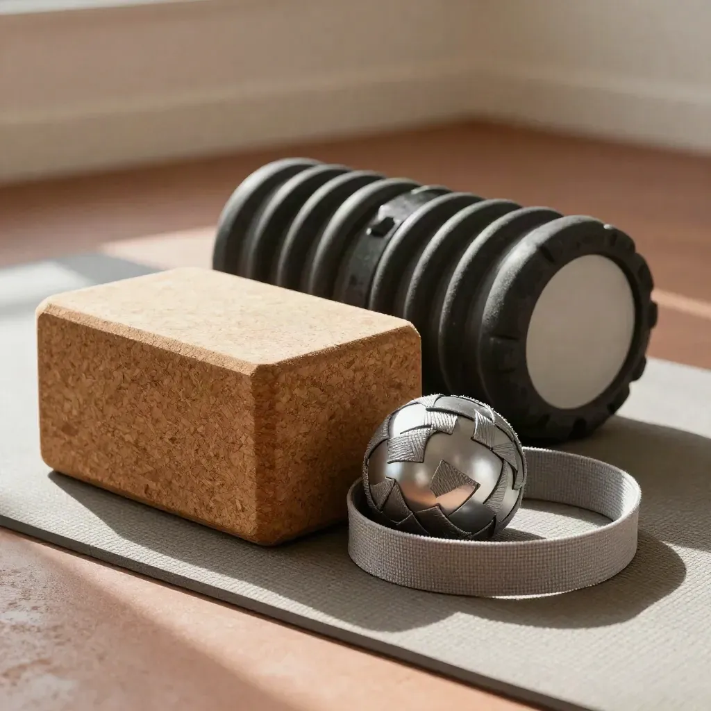 Bloque de corcho, foam roller, pelota y correa sobre esterilla tejida con luz suave.
