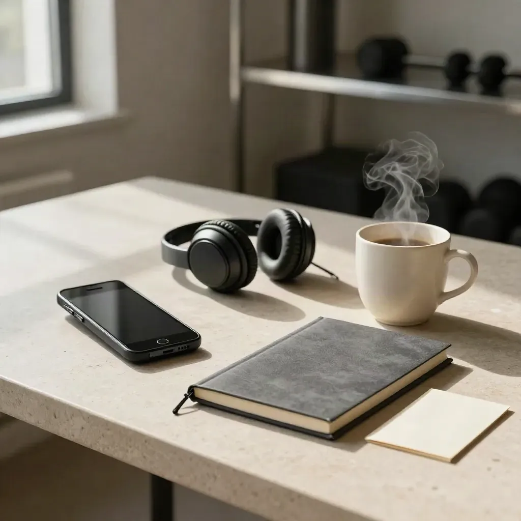 Móvil, auricular, libreta y taza humeante sobre escritorio de piedra, listos para la llamada inicial.