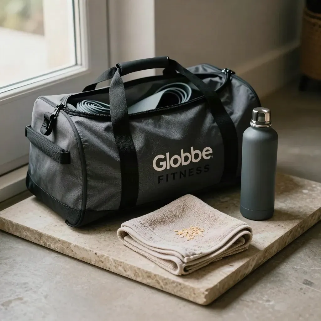Bolsa deportiva, minibandas, toalla y agua sobre bandeja de piedra junto a una puerta.