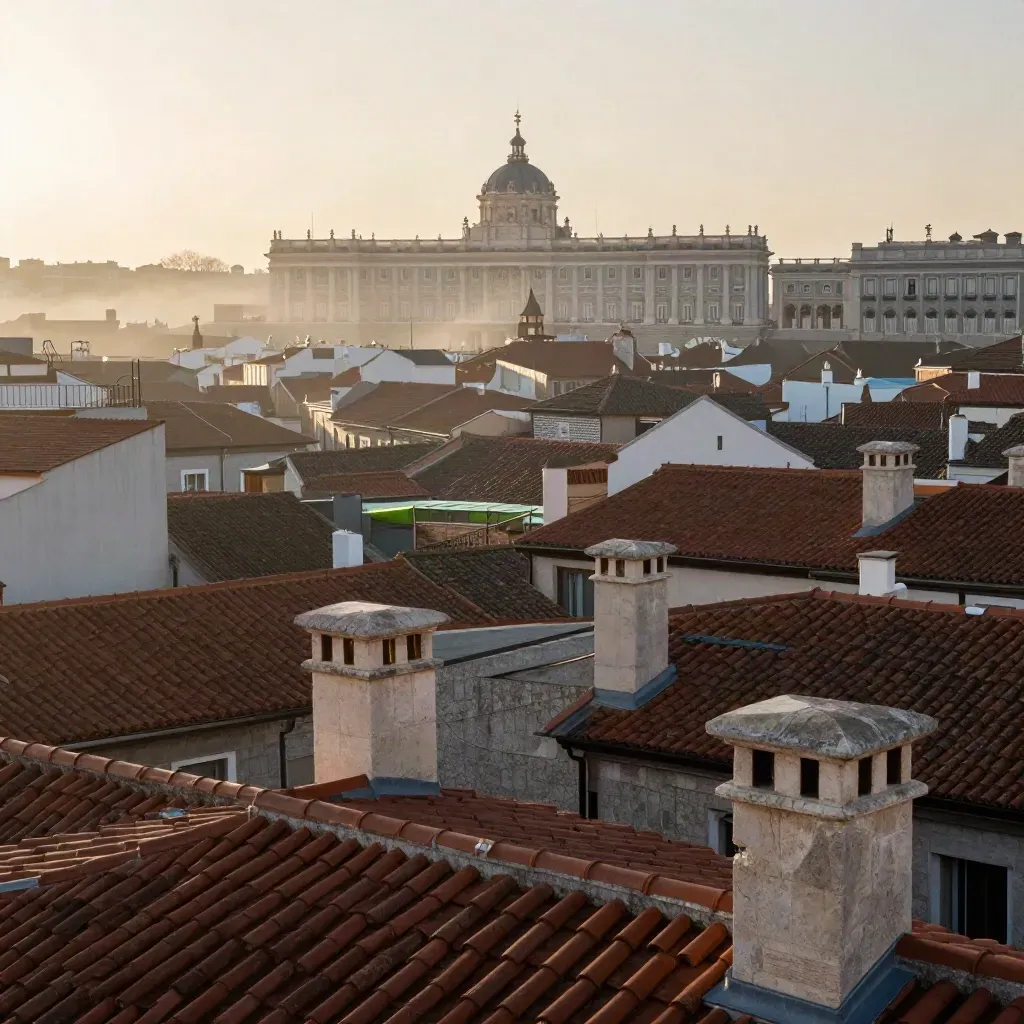 Tejados de Madrid al amanecer con la silueta del Palacio Real entre niebla suave.