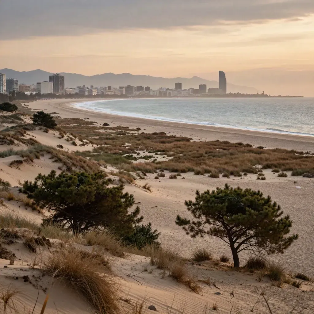 Dunas y pinos de la costa valenciana al atardecer, con ciudad lejana y niebla salina.