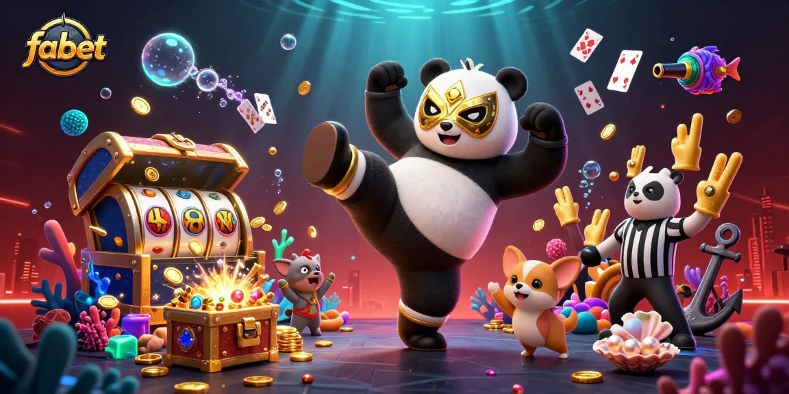 Experience fabet excitement with a panda wrestler and chihuahua referee amidst vibrant casino elements