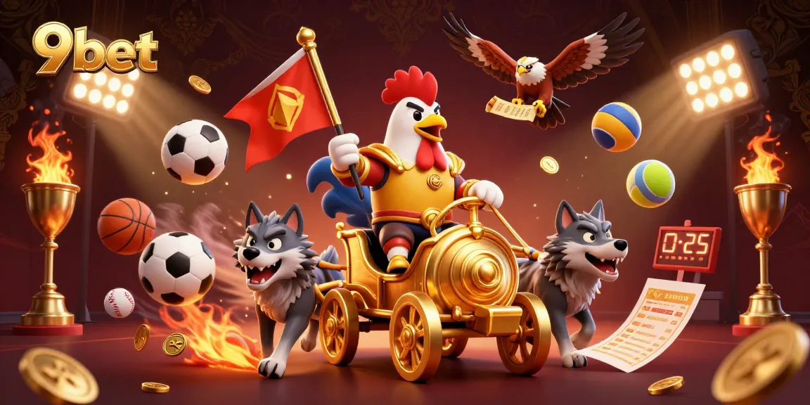 Engage with 9bet through an epic 3D illustration of a rooster warlord leading a dynamic sports betting scene.
