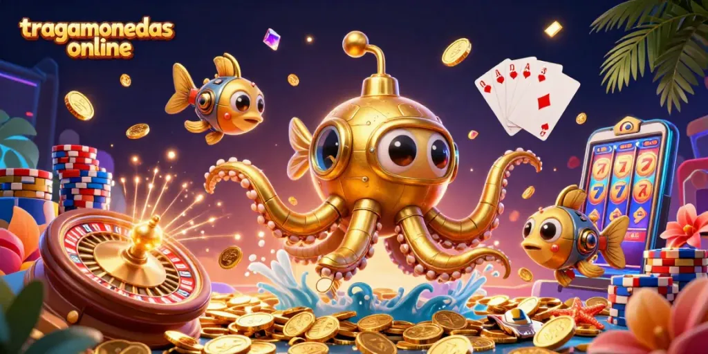 Gana jugando tragamonedas online con un diseño vibrante y dinámico, repleto de monedas y símbolos.