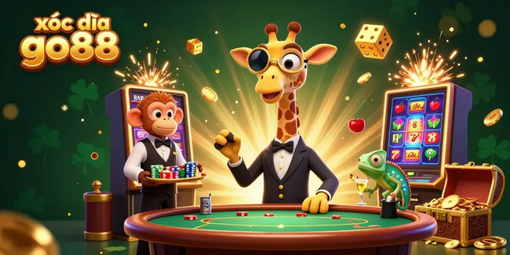 Experience thrilling xóc đĩa go88 gameplay with vibrant characters and dynamic casino elements.