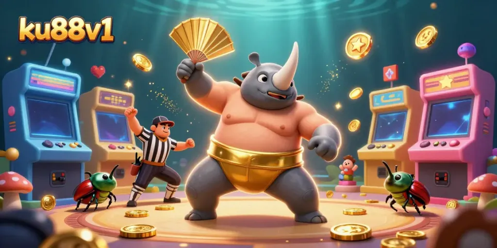Engage with the vibrant casino world at ku88v1 where a sumo beetle champion unleashes coins, showcasing lively action.