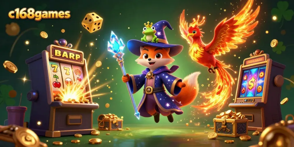 Engage with c168games through an enchanting scene showcasing a wizard fox and lively casino elements.
