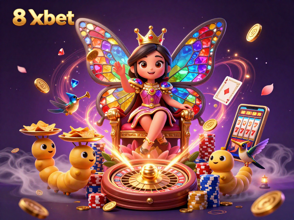 Experience the vibrant world of 8xbet with dazzling game elements and the enchanting butterfly queen.