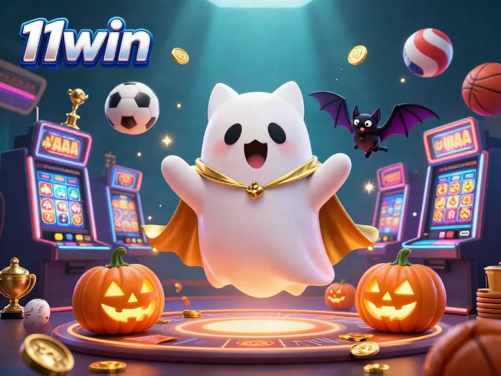 Experience the excitement at 11win with a playful ghost cat and glowing elements flooding the animated casino.