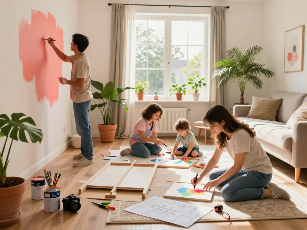 Familia participando en servicios para el hogar con renovación de vivienda DIY en una sala de estar iluminada por el sol.