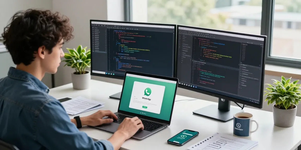 Professional using WhatsApp網頁版 in a modern workspace with laptop and dual monitors.