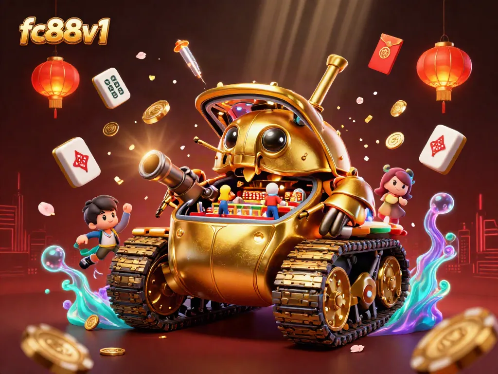 Engage with fc88v1, a spectacular illustration of a golden beetle tank revealing a vibrant casino scene.