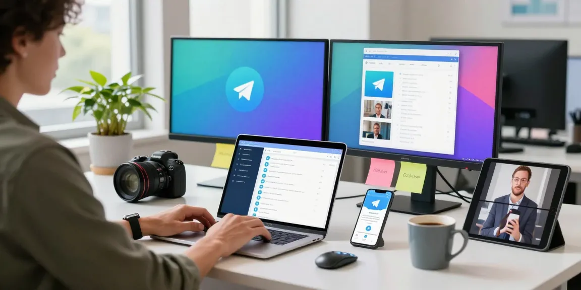 Engaging workspace showcasing Telegram Web Version usage with dual monitors, laptop, and smartphone.