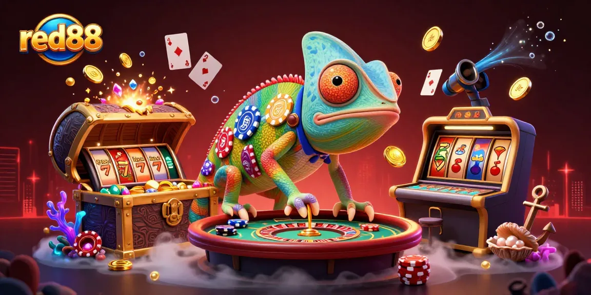 Engage in thrilling gaming action with red88 featuring a dynamic chameleon casino owner and vibrant casino elements.