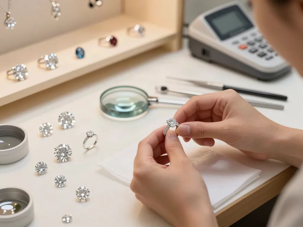 Exhibición de joyería con diamantes de laboratorio en varias formas, destacando su brillo y detalles en un ambiente elegante.