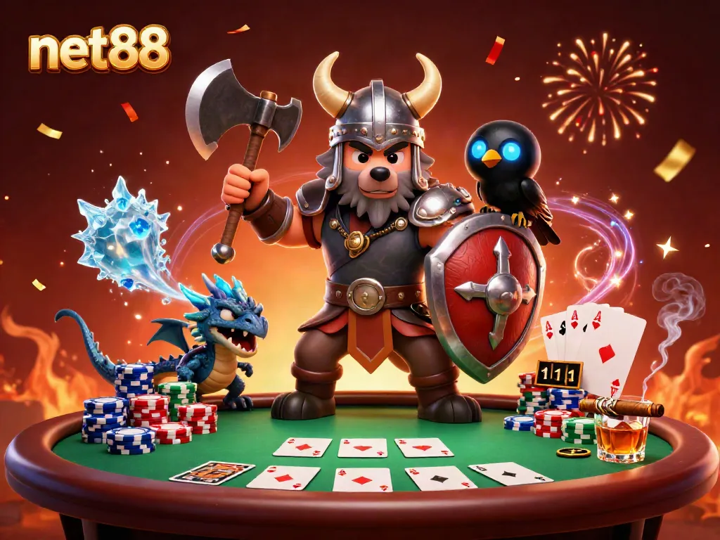 Experience the excitement of net88 with a Viking warrior and dragon at a dynamic poker game.