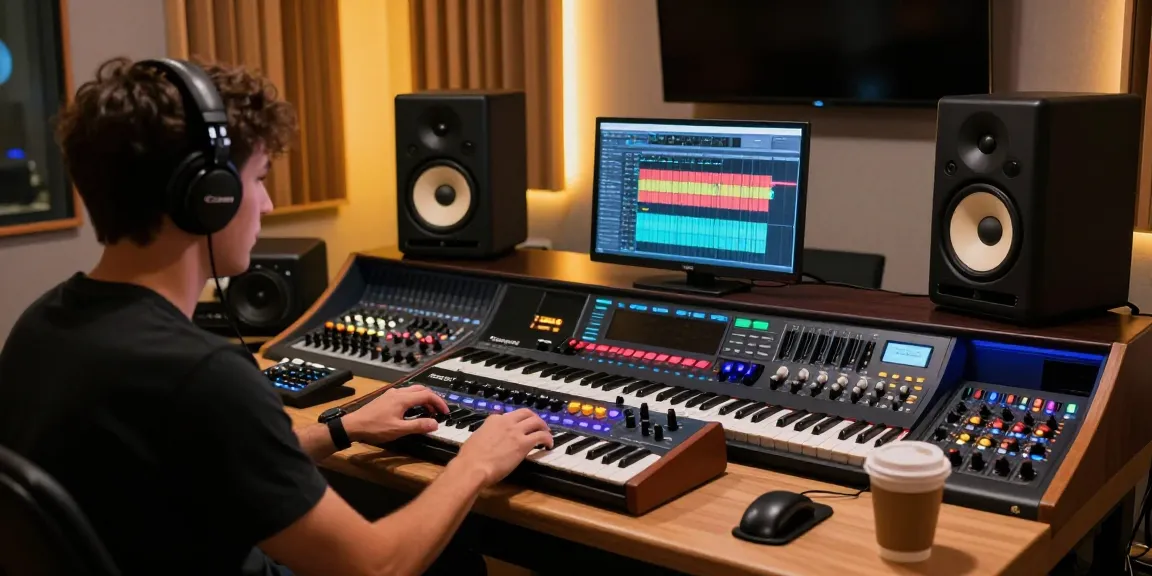 Sound engineer using SC88 sound module in a modern audio studio setup with vibrant equipment.