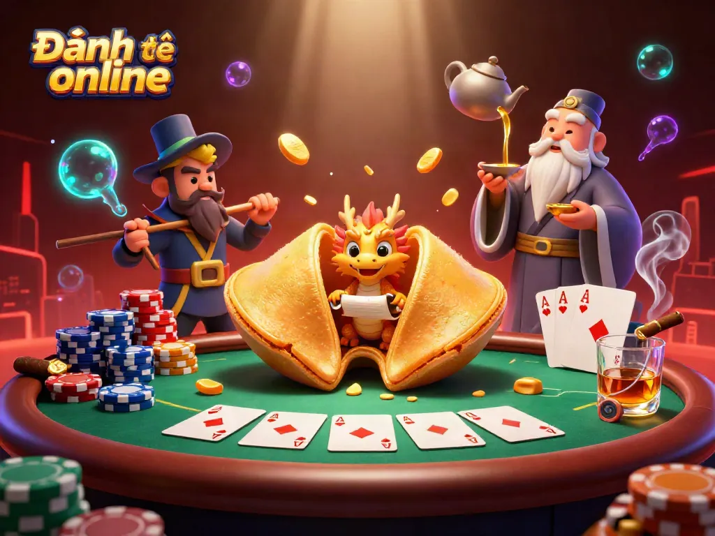 Engage in Đánh đề online with dynamic scenes featuring fortune cookies and poker gaming elements.