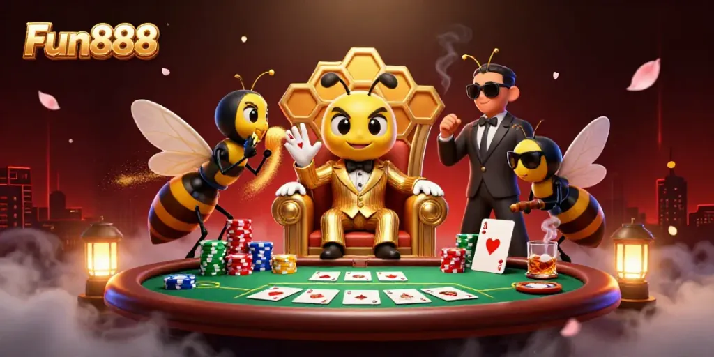 Experience Fun888 at a vibrant casino with a bumblebee mob boss and exciting poker elements.