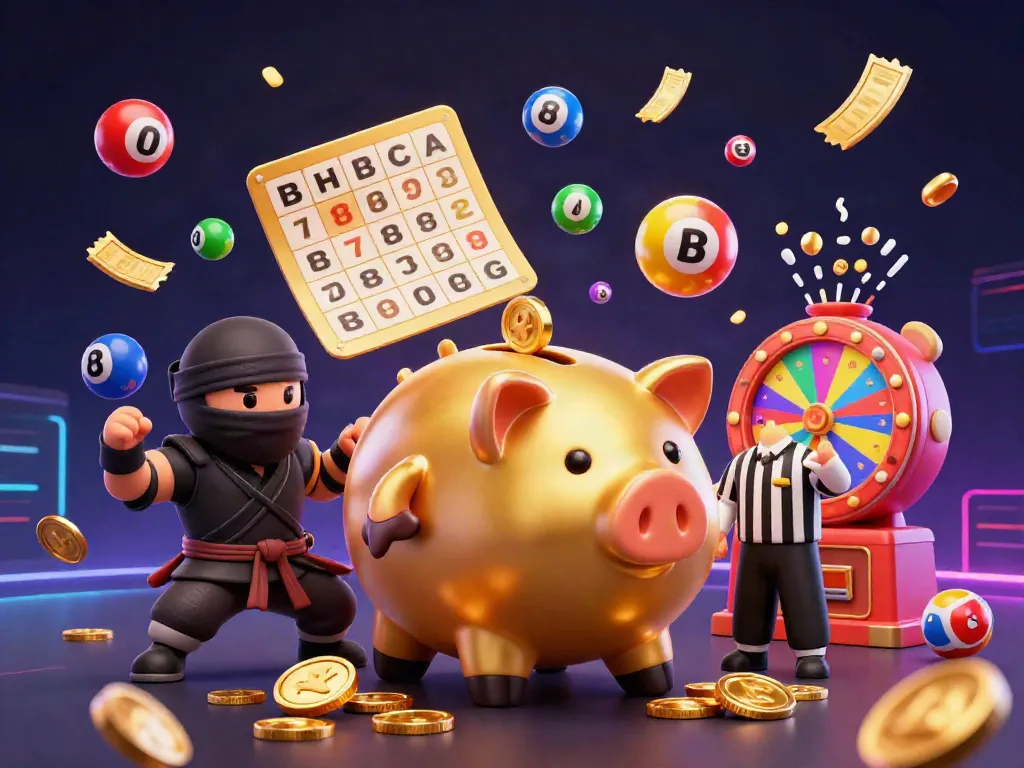 Experience the excitement of bet168 with a dynamic casino scene featuring a golden piggy bank sumo wrestler, bouncing lottery balls, and vibrant game elements.