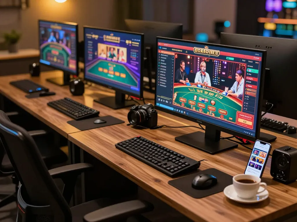 Player engaging in cm88game with multiple screens showing casino games in a stylish setup
