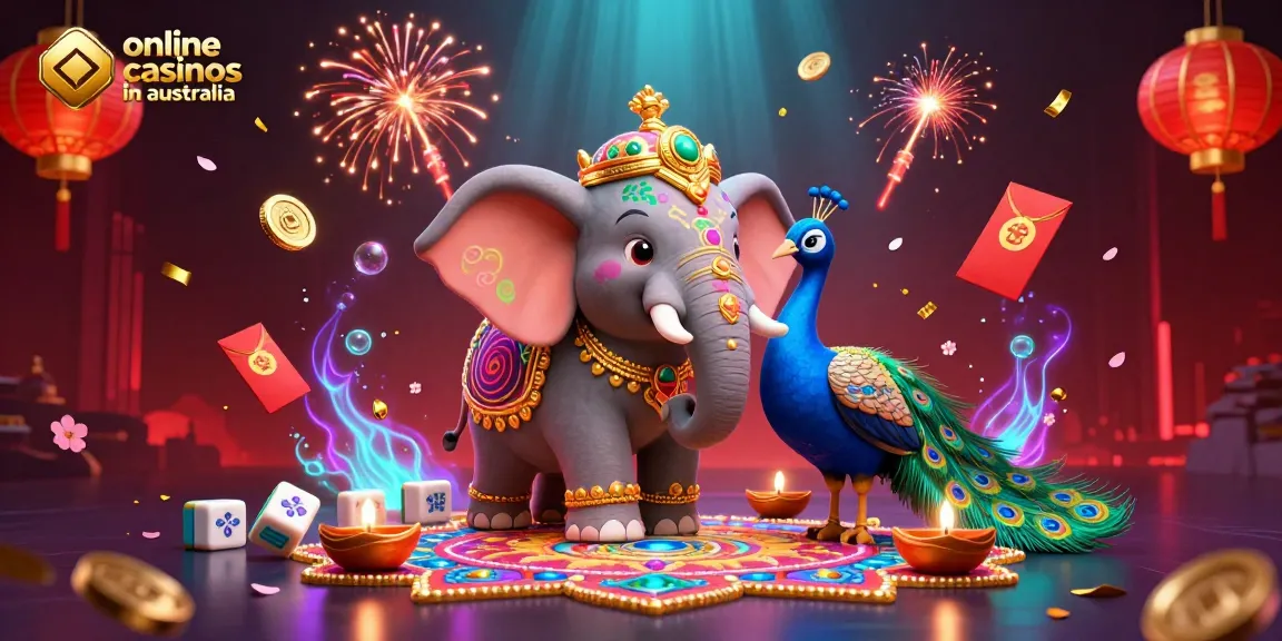 Engage with vibrant online casinos in Australia featuring a Diwali elephant and peacock amid dynamic elements.