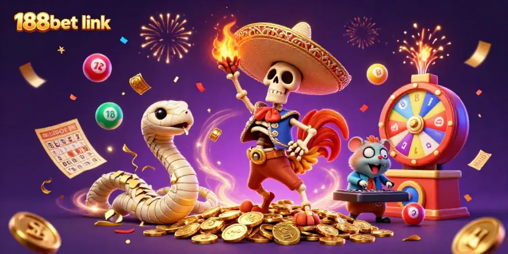 Experience the excitement of the 188bet link with vibrant characters celebrating on a wealth of colorful gaming elements.