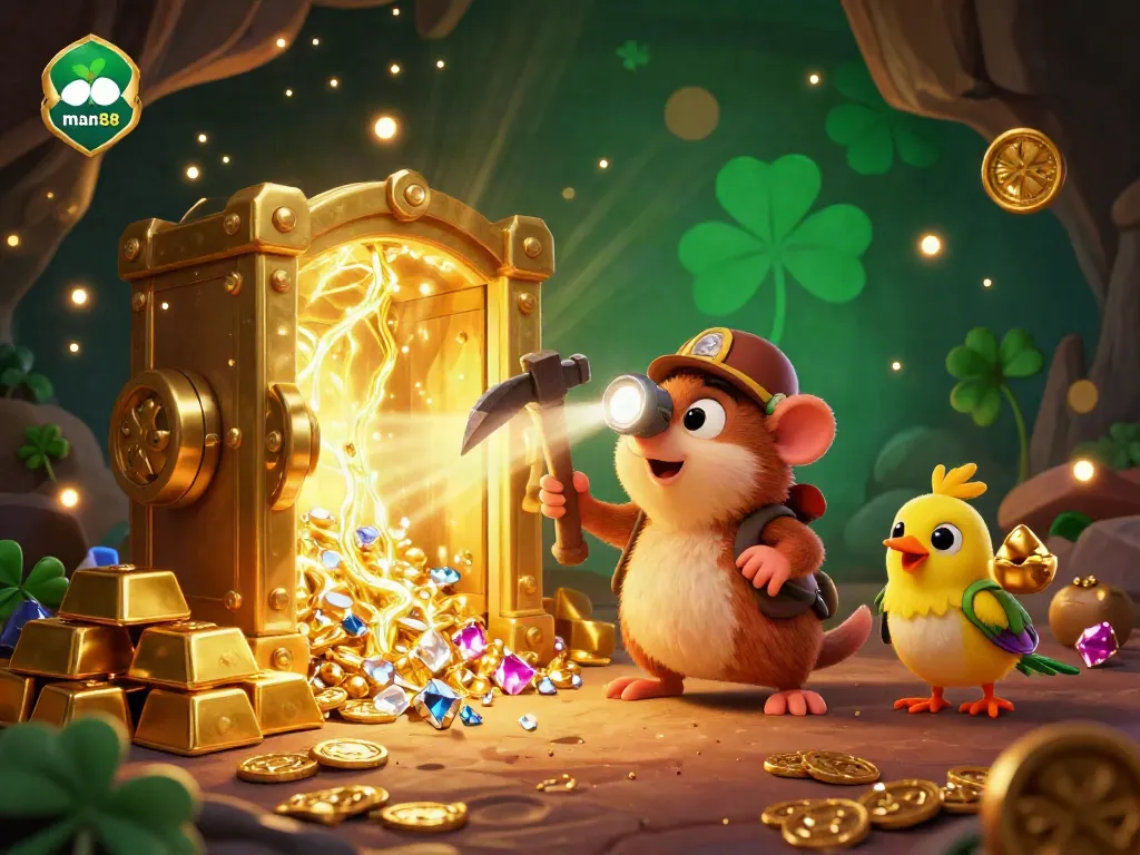 Experience thrilling moments at man88 with our adventurous treasure hunter mole in a vibrant casino cave.