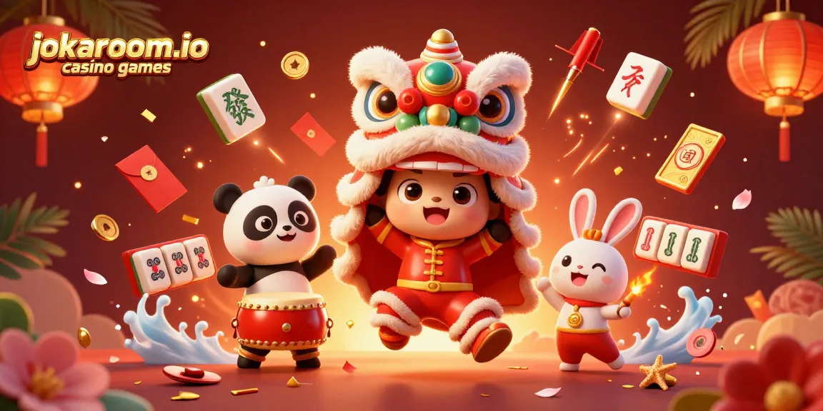 Engage with jokaroom.io casino games in a vibrant 3D scene featuring casino fun and lively characters.