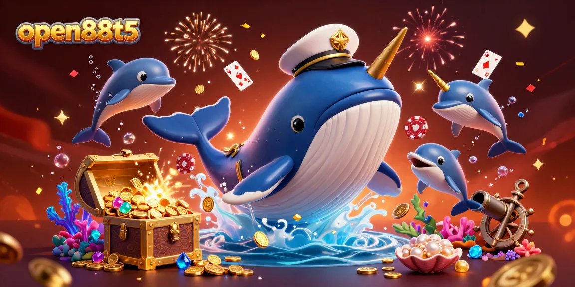 Experience the excitement of open88t5 with a dynamic 3D scene featuring a whale and casino-themed elements.
