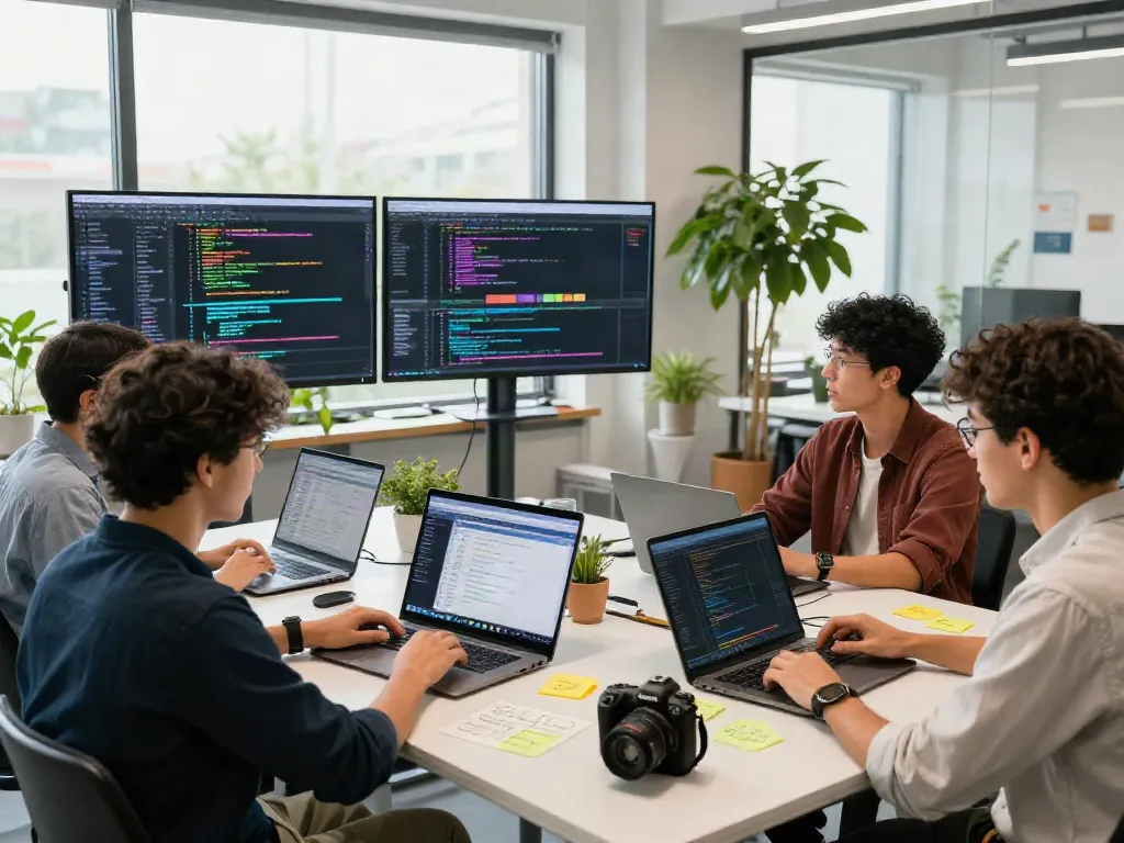 El equipo de desarrollo tecnológico trabajando en el proyecto "siera kaudalor" con laptops y pantallas.