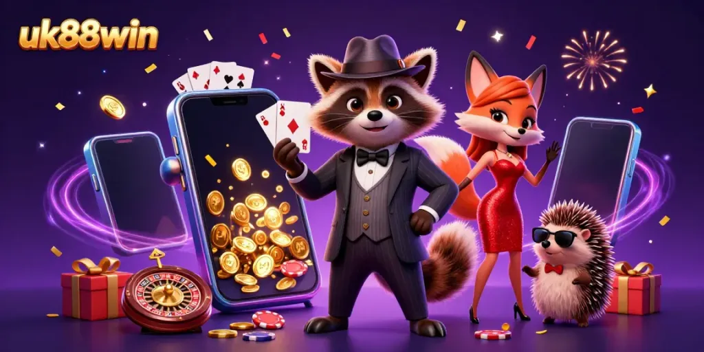 Experience the thrill of winning with uk88win amidst a vibrant casino scene showcasing animated characters and games.