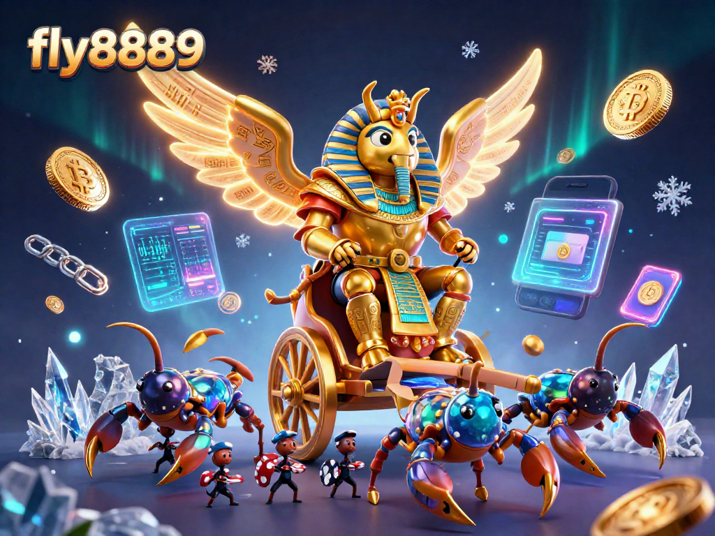 Experience thrilling gameplay with fly8889's vibrant casino scene featuring a giant golden scarab and crypto coins.