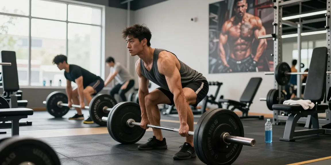 Atleta fuerte levantando pesas en el gimnasio de fitness de Esteroidesshop, enfocándose en el culturismo y el entrenamiento de fuerza.