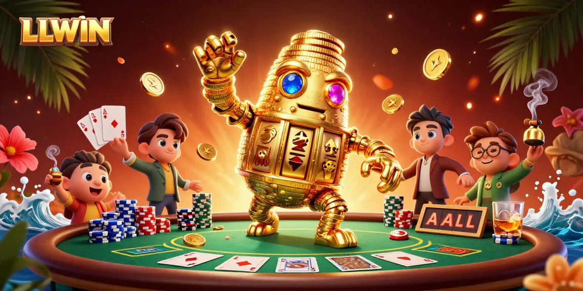 Experience thrilling casino action with LLWIN's golden golem bursting with coins and poker elements.