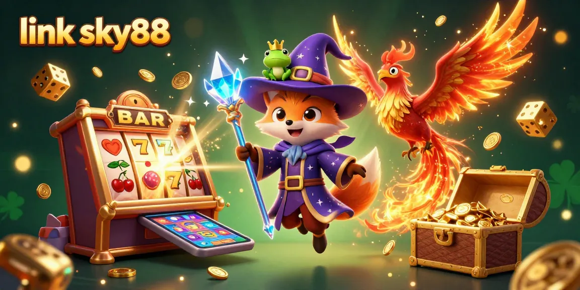 Spin for wealth and excitement at link sky88, surrounded by vibrant casino elements in a mystical realm.
