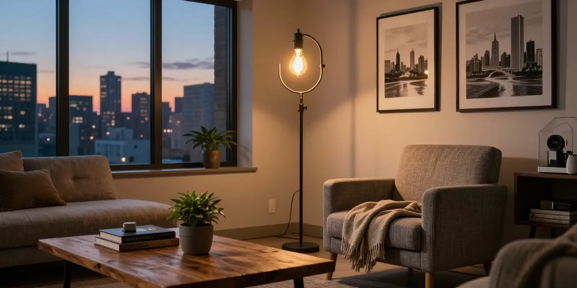 La lámpara de pie industrial realza una sala moderna con decoración vintage y luz cálida.