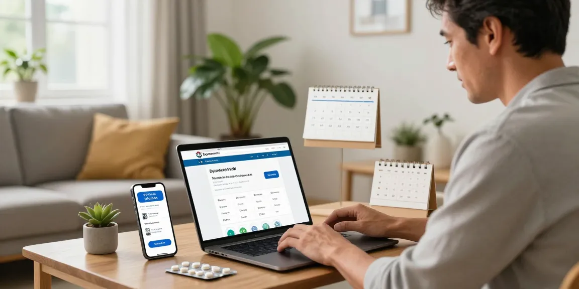 Buying online medications like comprar viagra españa in a modern pharmacy setting, as a man explores options on his laptop.