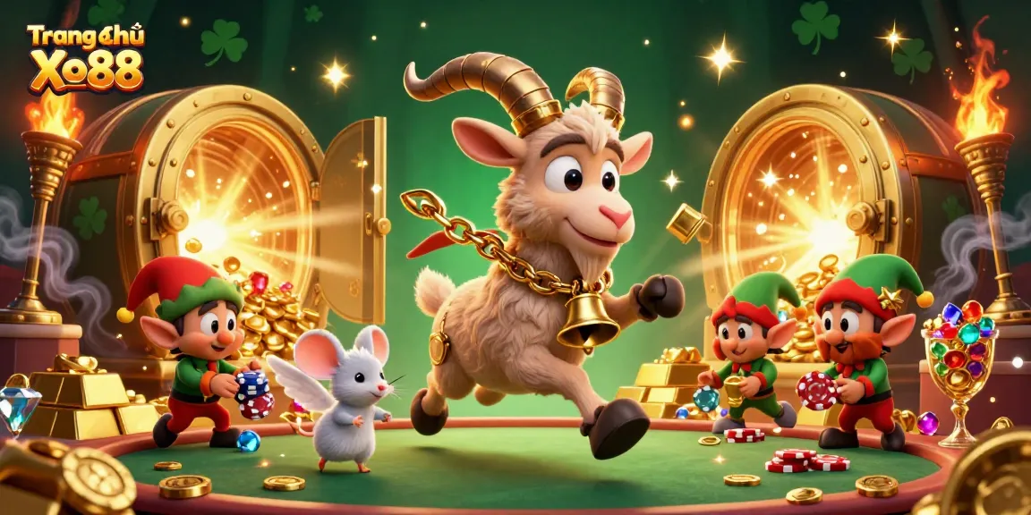 Join the festive chaos of Trang chủ Xo88 as a Krampus goat, an angel mouse, and elf gremlins navigate a vibrant casino adventure.