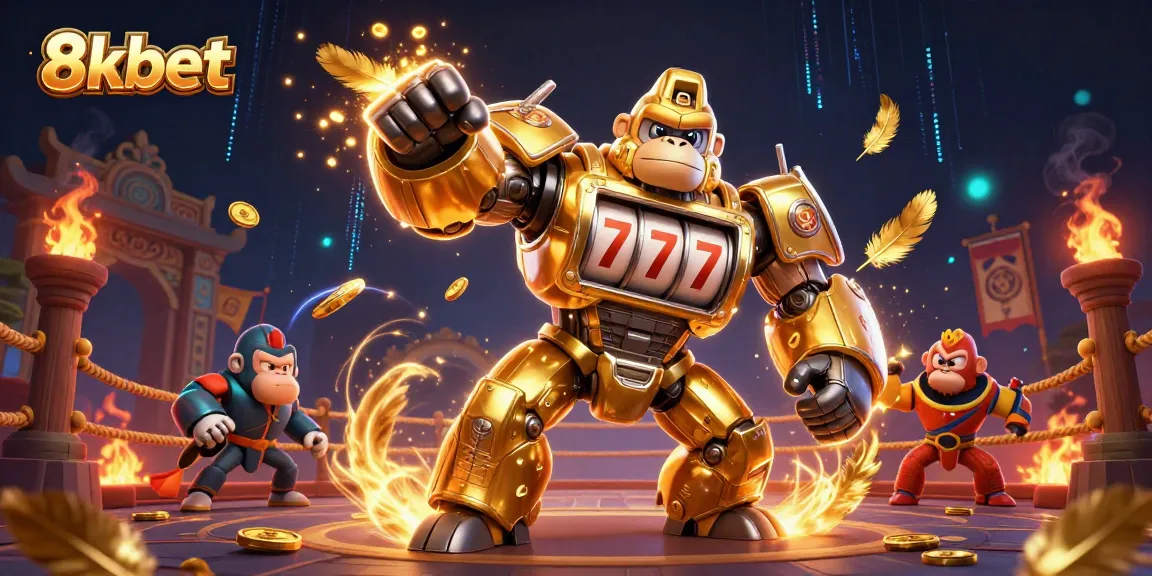 Engage with 8xbet's thrilling gaming adventure featuring a golden gorilla mech amidst dynamic casino elements.