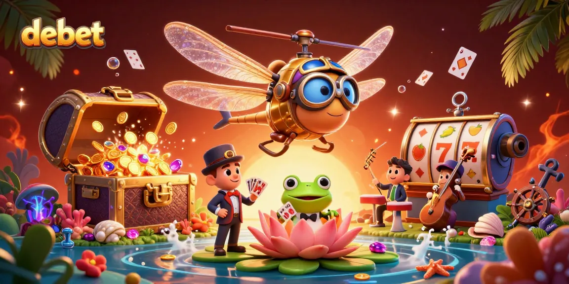 Experience debet thrills in a vibrant casino scene with a dragonfly pilot and frog dealer